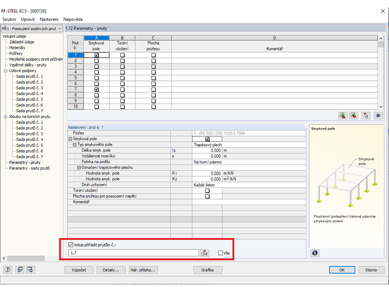 Přiřazení parametrů několika prutům nebo sadám prutů