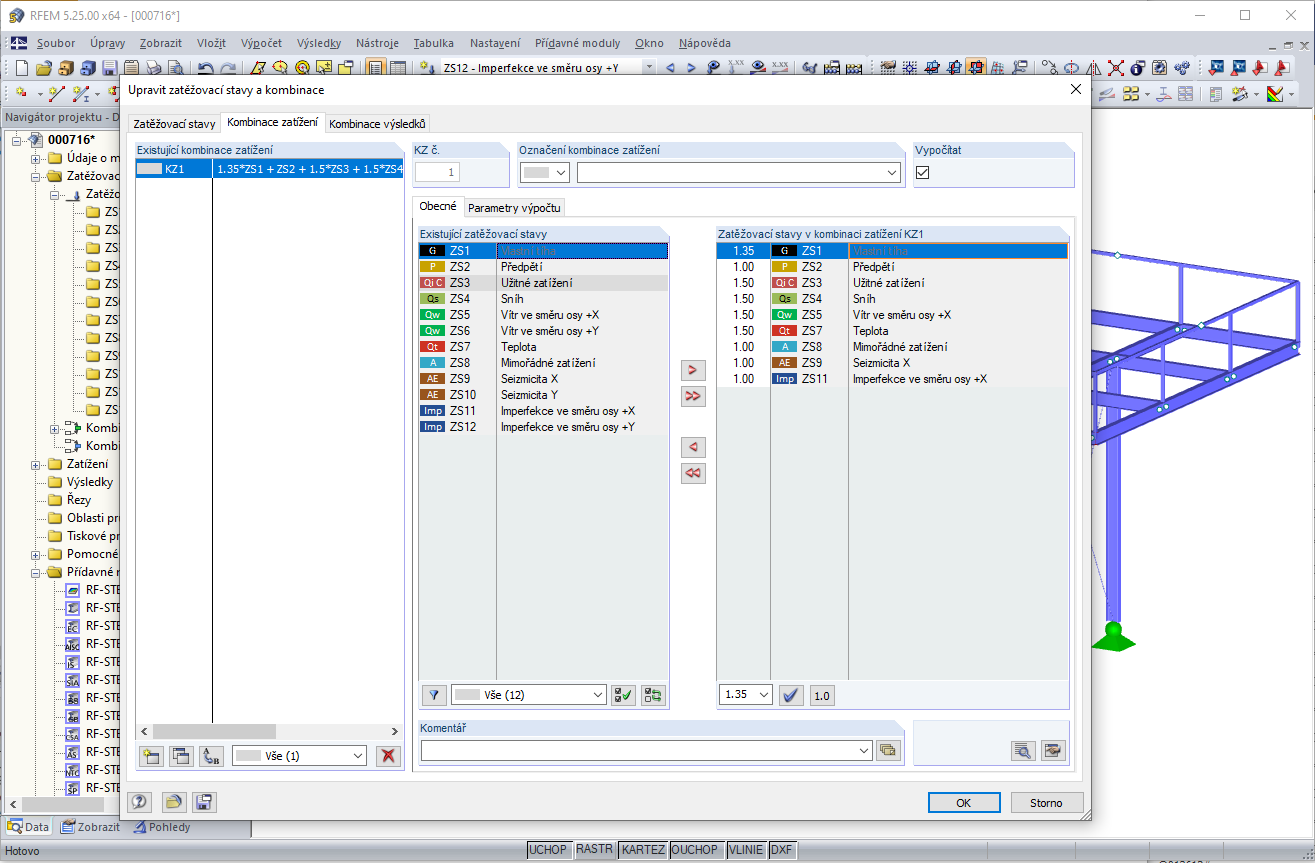 Upravit zatěžovací stavy a kombinace