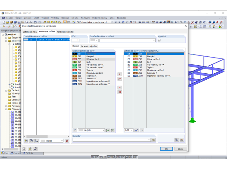 Upravit zatěžovací stavy a kombinace