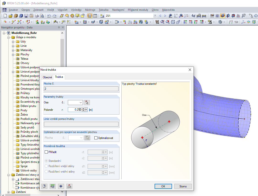 Modelování plochy typu trubka