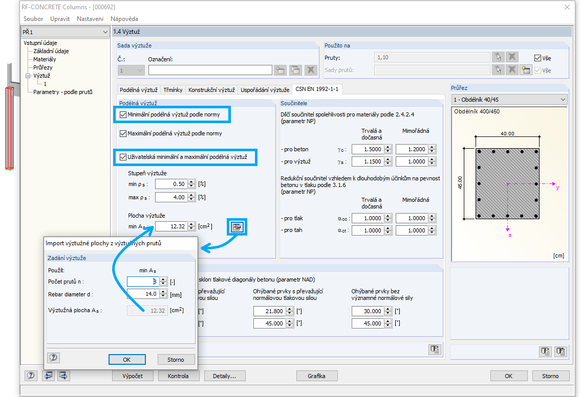 Možnost zadání minimální podélné výztuže