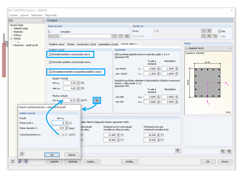 Možnost zadání minimální podélné výztuže
