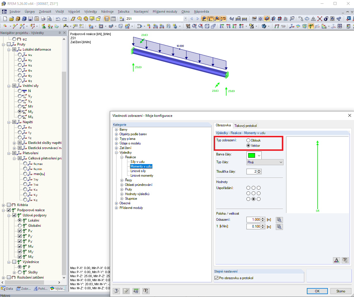 Zobrazení podporových momentů jako vektorů