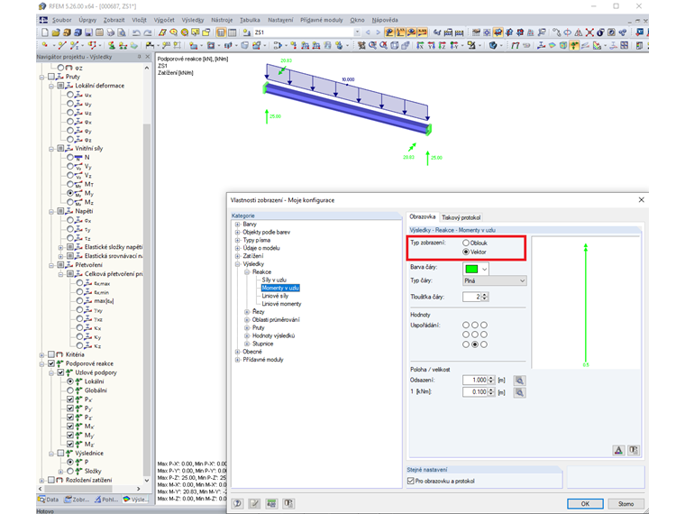 Zobrazení podporových momentů jako vektorů