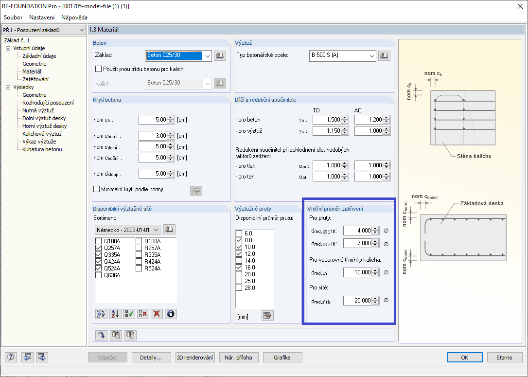 Definice vnitřního průměru zakřivení prutu pro výztuž základů