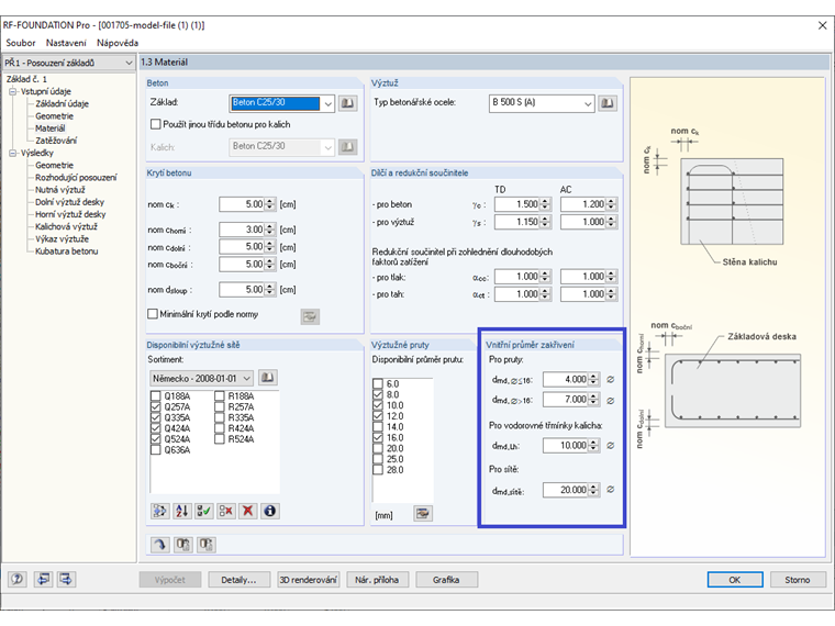 Definice vnitřního průměru zakřivení prutu pro výztuž základů