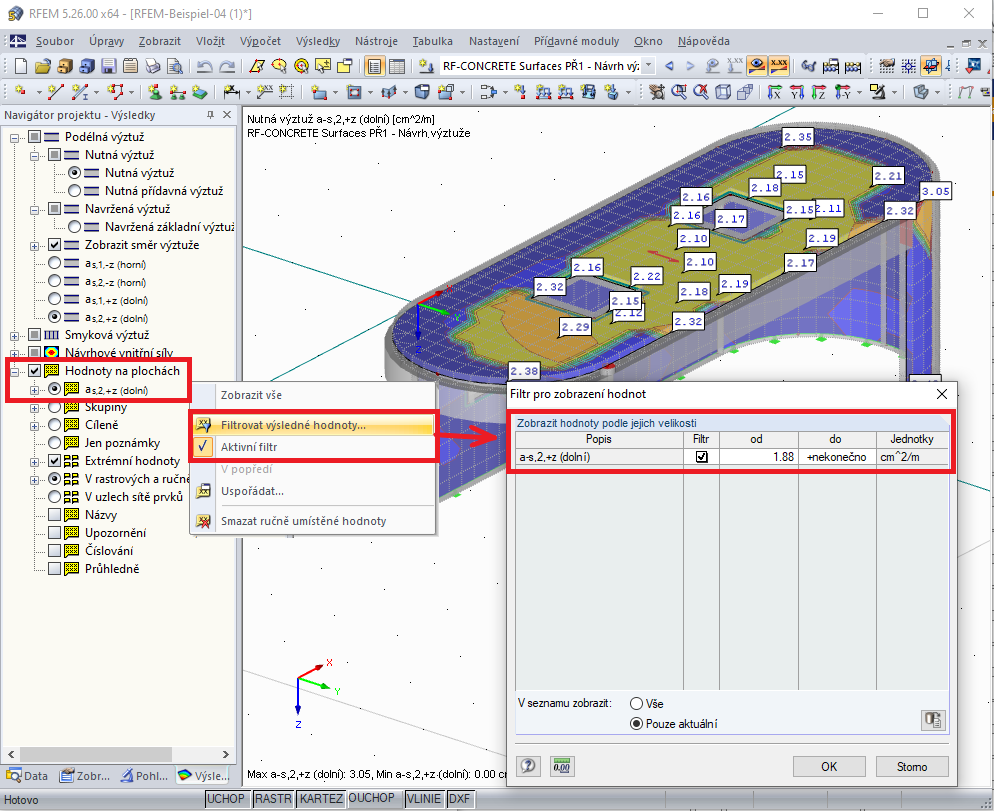 Filtr výsledkových hodnot na plochách