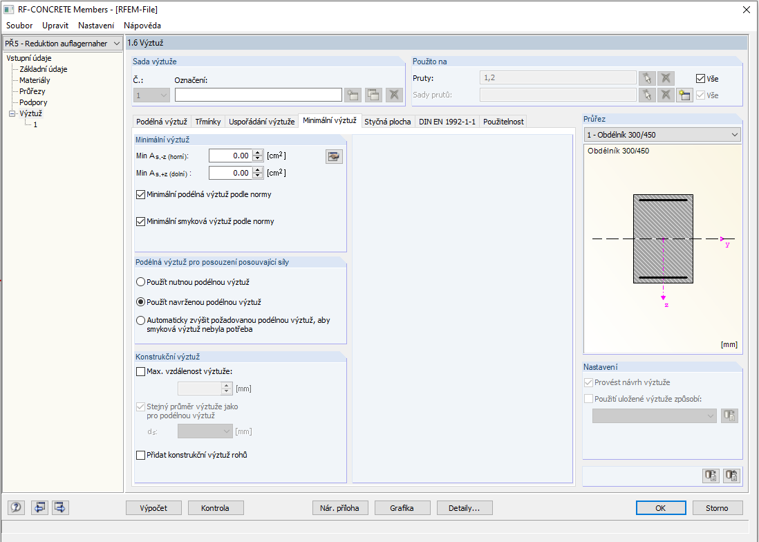 Podélná výztuž pro posouzení posouvající síly