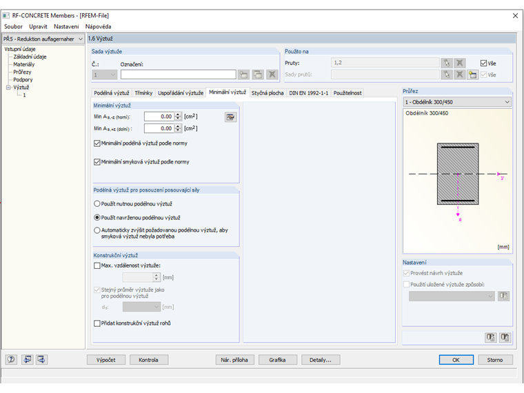 Podélná výztuž pro posouzení posouvající síly