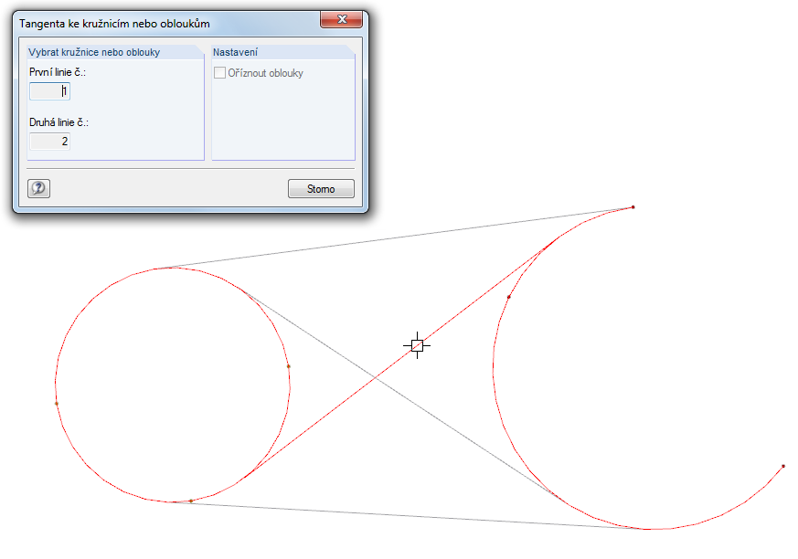 Vytvoření tečny ke kružnicím nebo obloukům