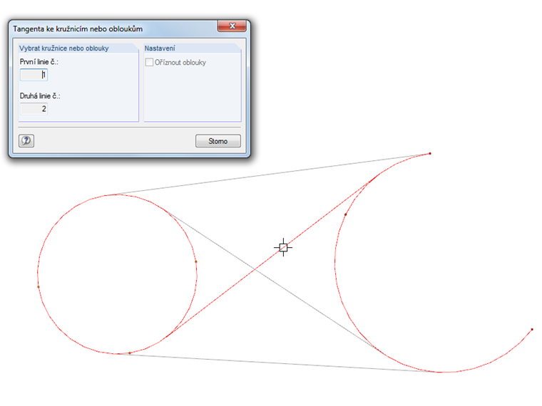 Vytvoření tečny ke kružnicím nebo obloukům