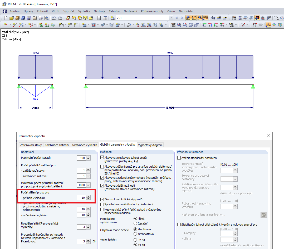 Průběh momentu s děleními na prutu pro průběhy výsledků na 10 dílů