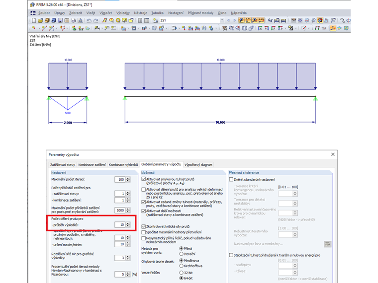Průběh momentu s děleními na prutu pro průběhy výsledků na 10 dílů