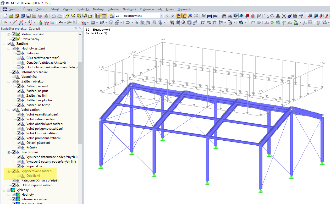 Zobrazení vygenerovaných plošných zatížení