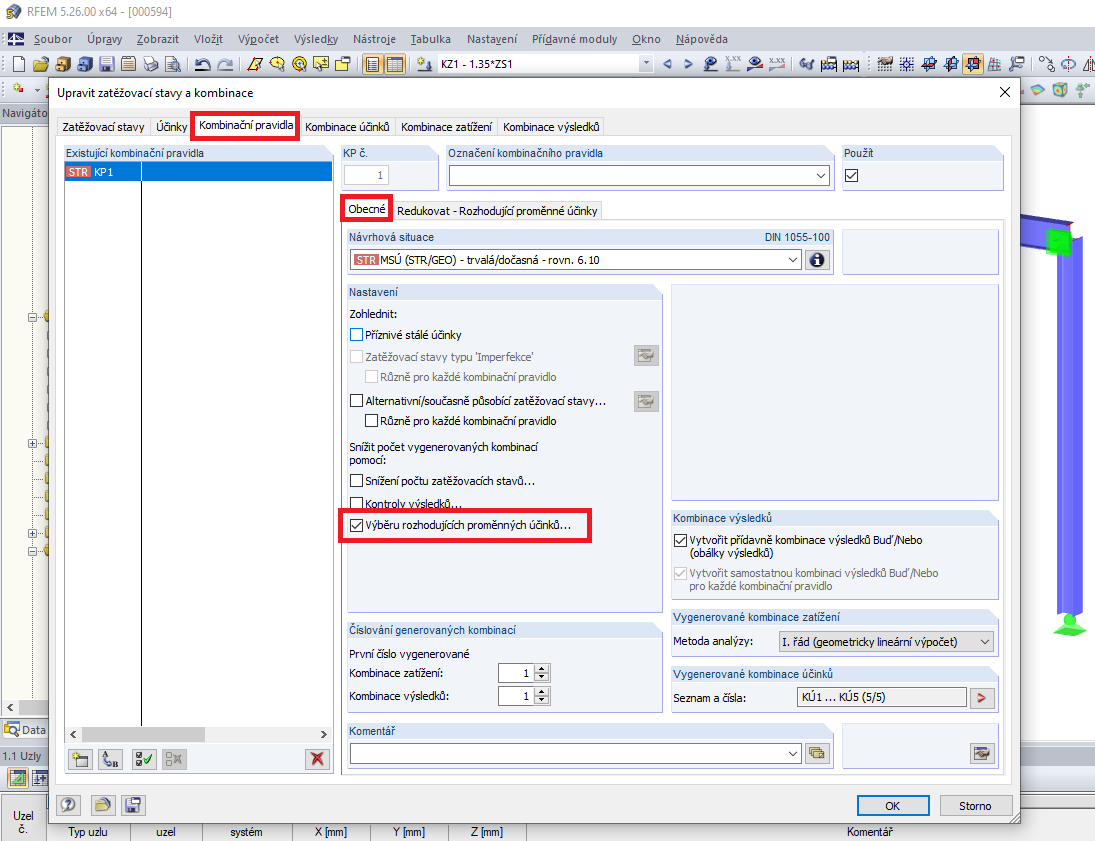 Upravit zatěžovací stavy a kombinace