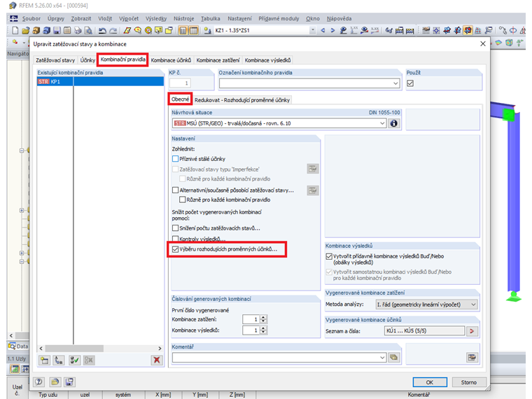 Upravit zatěžovací stavy a kombinace