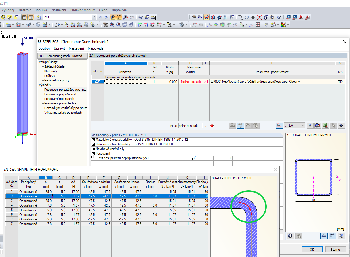 Zakřivená část průřezu z programu SHAPE -THIN