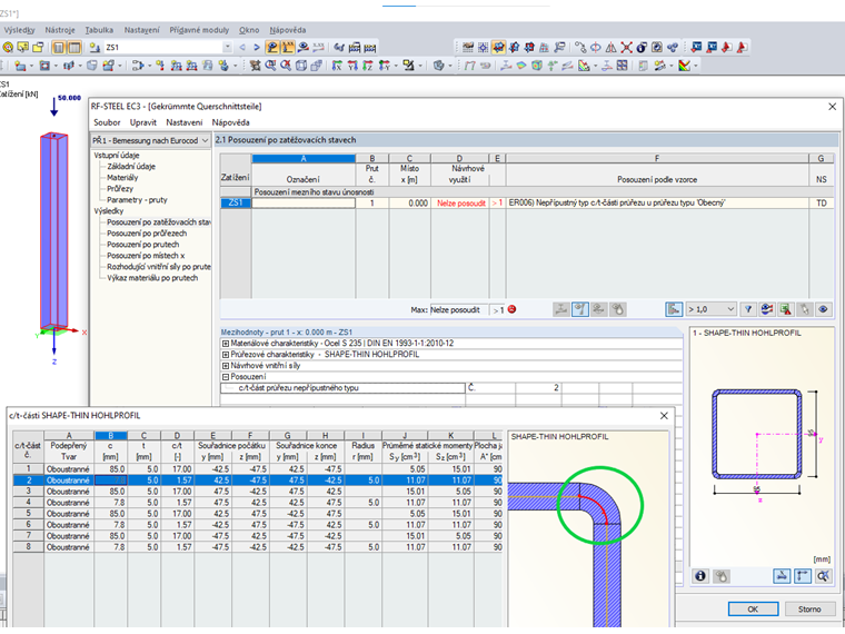 Zakřivená část průřezu z programu SHAPE -THIN