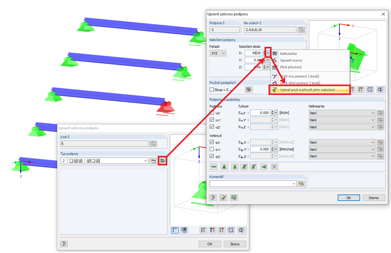 Převzetí natočení prutu v zadání uzlové podpory