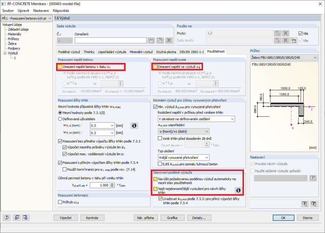 Nastavení pro návrh výztuže
