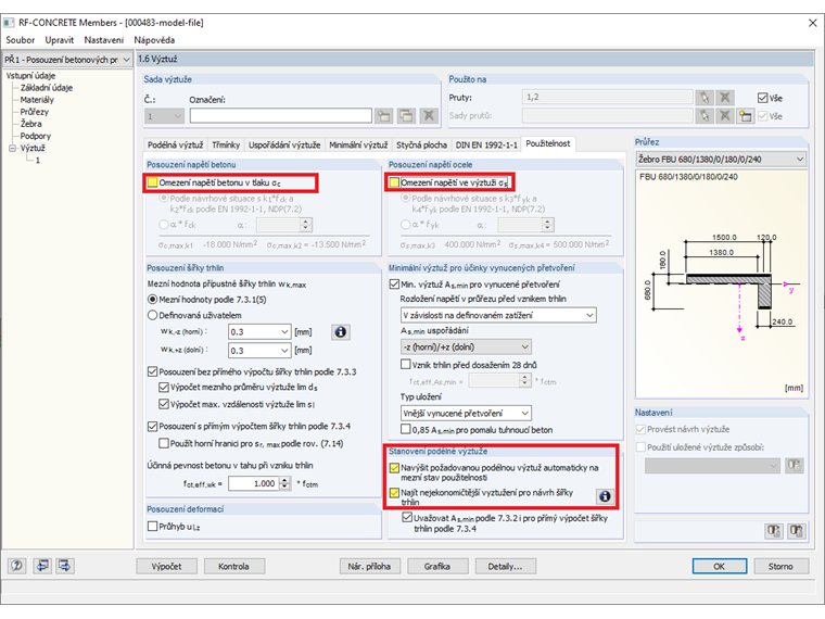 Nastavení pro návrh výztuže