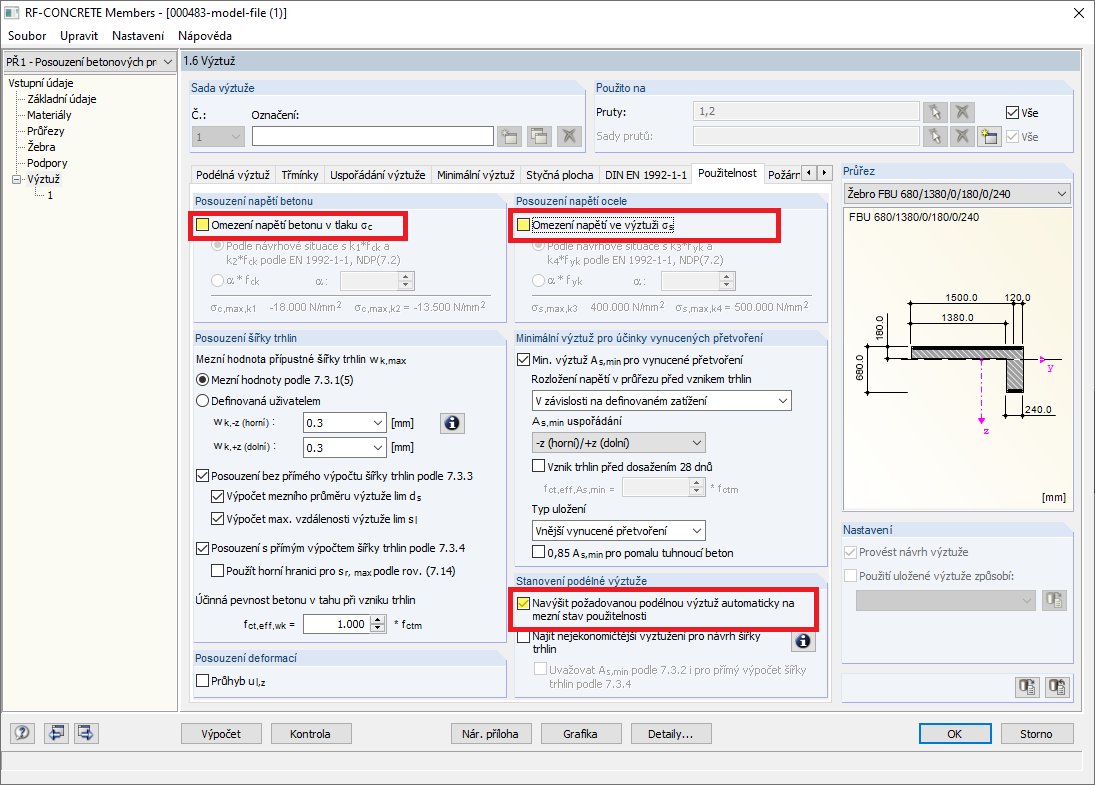 Nastavení pro návrh výztuže
