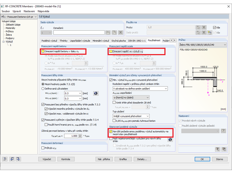 Nastavení pro návrh výztuže