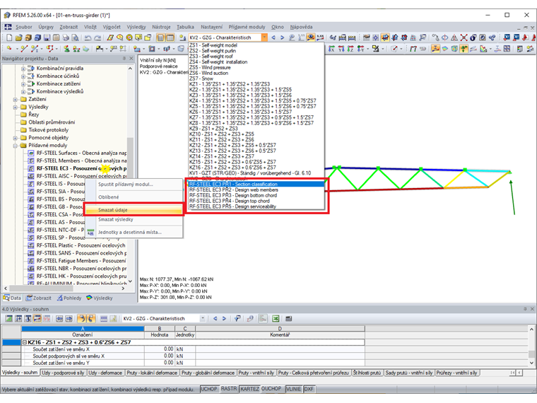 Rychlé smazání případů a výsledků v modulu