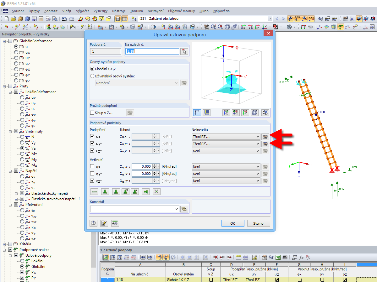 Zadání nelineárních podporových podmínek u uzlové podpory