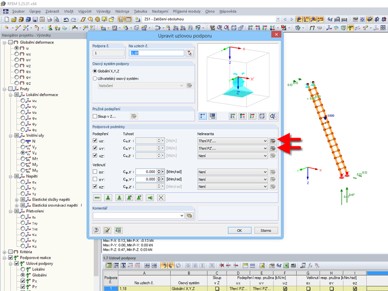 Zadání nelineárních podporových podmínek u uzlové podpory