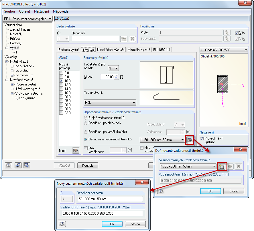 Stanovení vzdálenosti třmínků