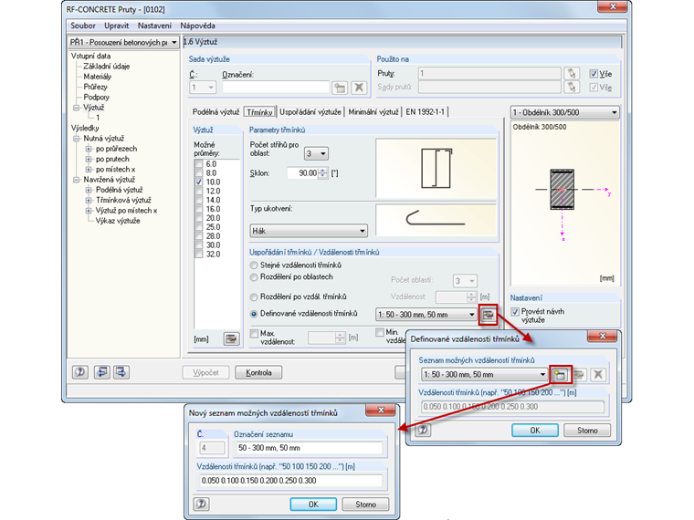 Stanovení vzdálenosti třmínků