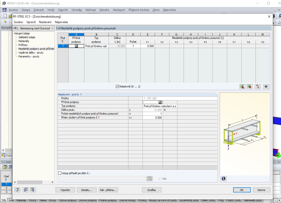 Zadání mezilehlé podpory uprostřed prutu 1