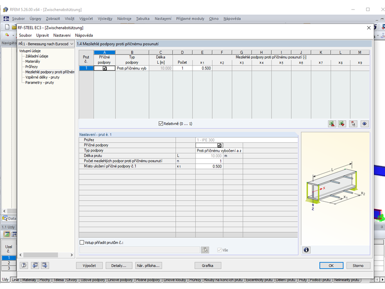Zadání mezilehlé podpory uprostřed prutu 1