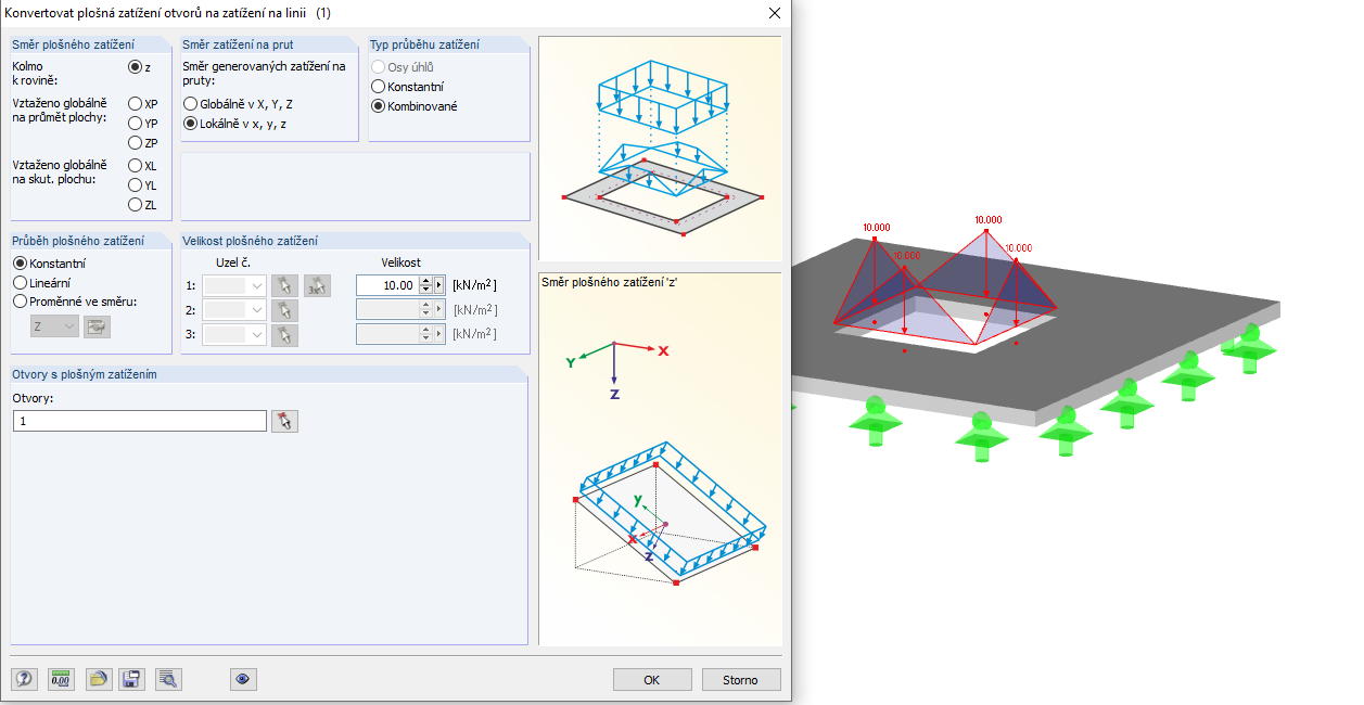 Generování zatížení na otvory z plošného zatížení