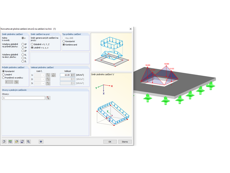 Generování zatížení na otvory z plošného zatížení