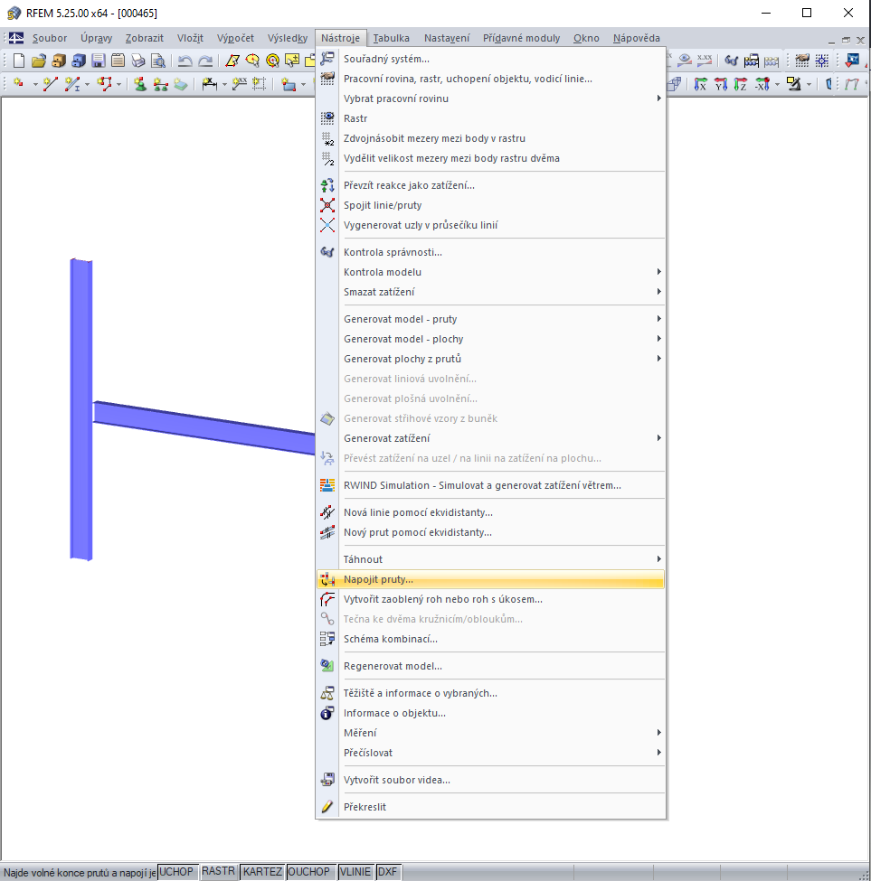 Vyvolání funkce "Napojit pruty"