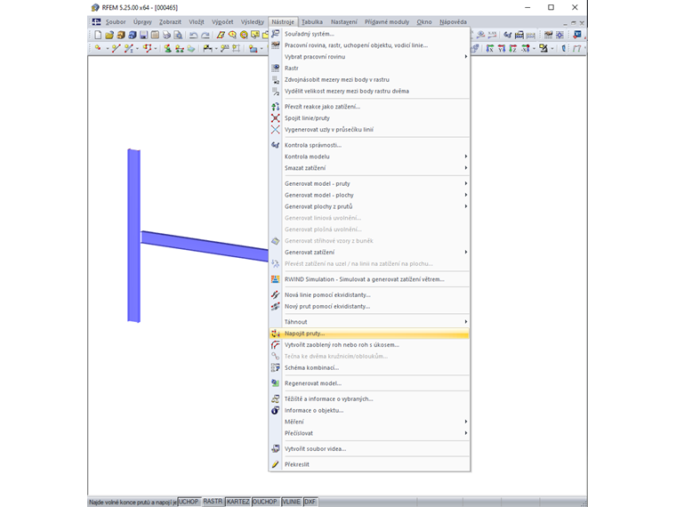Vyvolání funkce "Napojit pruty"