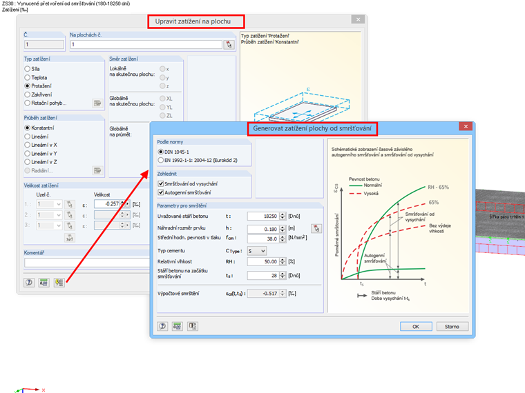 Generování zatížení plochy od smršťování