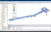 Model potrubního mostu vytvořený v programu RFEM s výsledky posouzení vypočítanými v přídavném modulu RF-STEEL EC3 (© Ingenieurbüro Grassl GmbH)