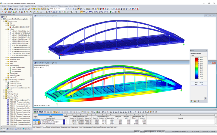 3D model (nahoře) a zobrazení deformace (dole) hervestského mostu č. 423 v programu RSTAB (© grbv)