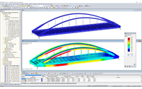 3D model (nahoře) a zobrazení deformace (dole) hervestského mostu č. 423 v programu RSTAB (© grbv)