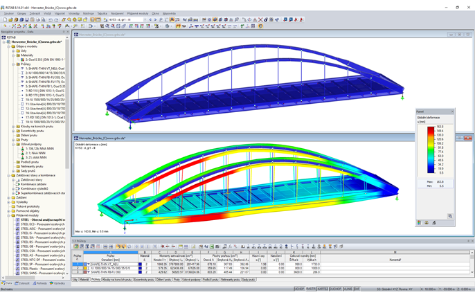3D model (nahoře) a zobrazení deformace (dole) hervestského mostu č. 423 v programu RSTAB (© grbv)