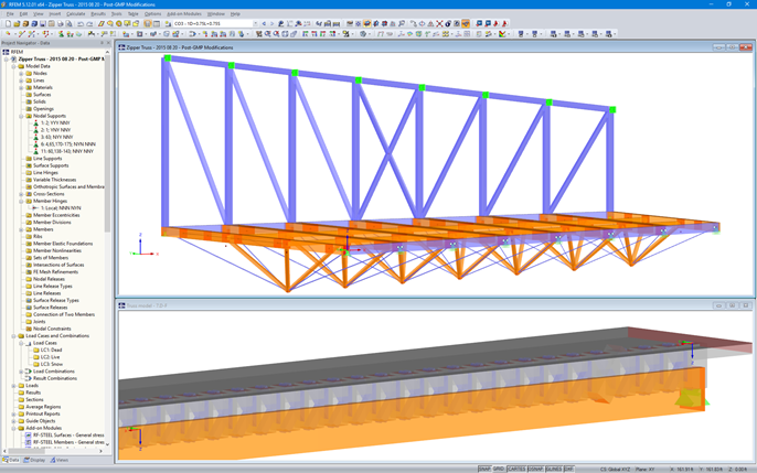 3D modely v programu RFEM: Prostorová vzpínadla s přilehlými ocelovými nosníky (nahoře) a dřevobetonové spřažené nosníky s ocelovými spoji (dole) (© Equilibrium Consulting Inc.)