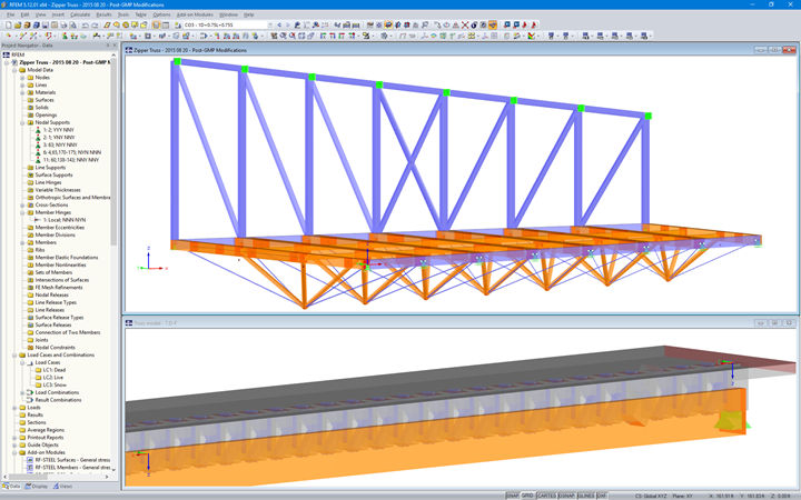 3D modely v programu RFEM: Prostorová vzpínadla s přilehlými ocelovými nosníky (nahoře) a dřevobetonové spřažené nosníky s ocelovými spoji (dole) (© Equilibrium Consulting Inc.)