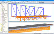 3D modely v programu RFEM: Prostorová vzpínadla s přilehlými ocelovými nosníky (nahoře) a dřevobetonové spřažené nosníky s ocelovými spoji (dole) (© Equilibrium Consulting Inc.)