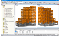Různé pohledy na model dřevěné výškové budovy v programu RFEM