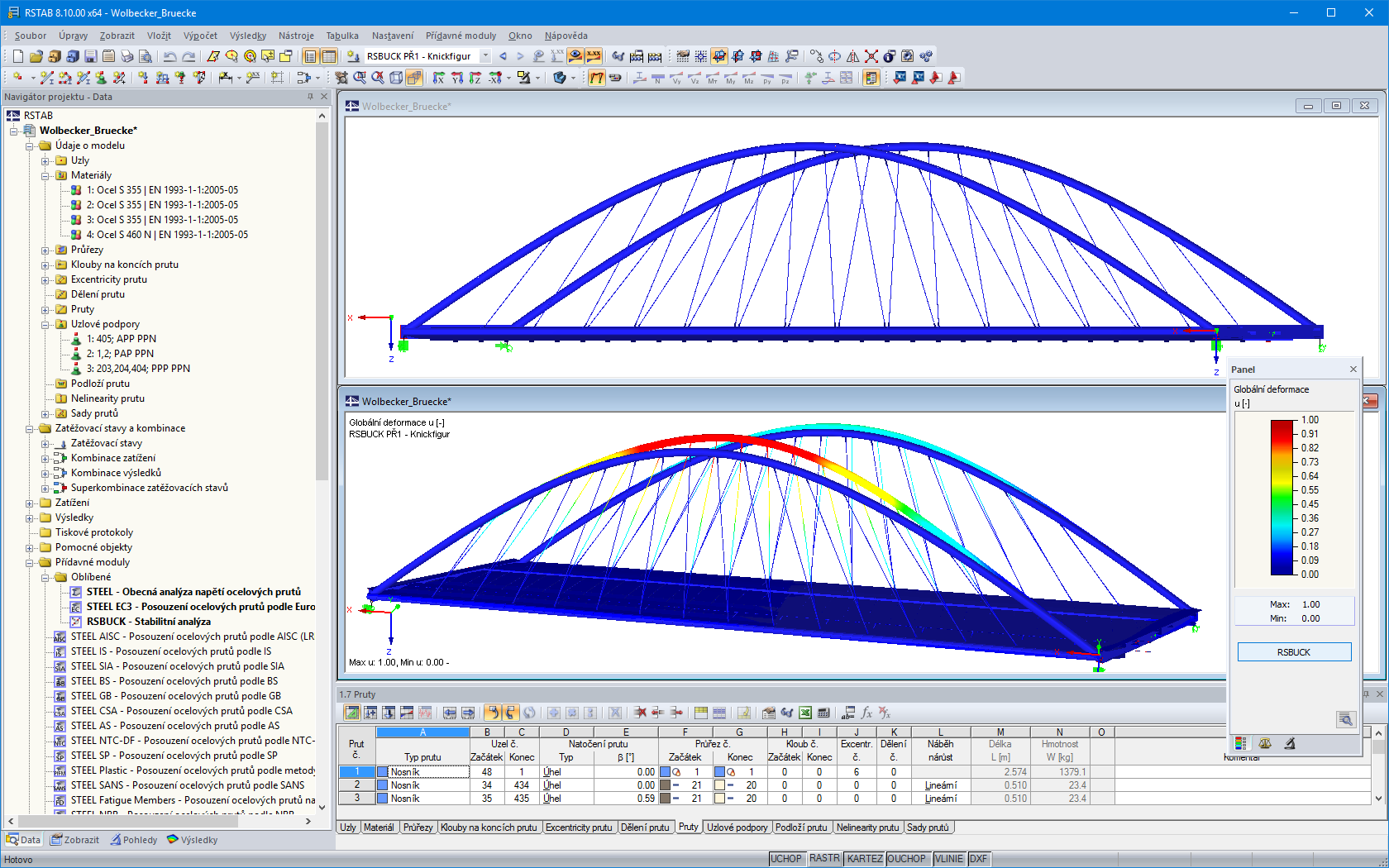 Pohled ze strany (nahoře) a první vlastní tvar silničního mostu č. 76 v programu RSTAB (© grbv)