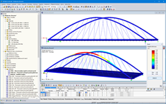 Pohled ze strany (nahoře) a první vlastní tvar silničního mostu č. 76 v programu RSTAB (© grbv)