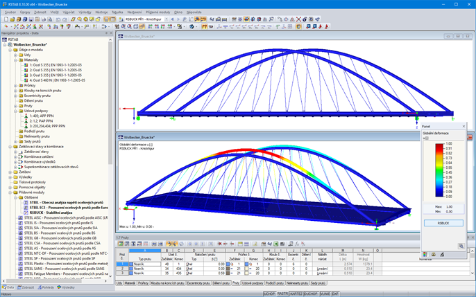 Pohled ze strany (nahoře) a první vlastní tvar silničního mostu č. 76 v programu RSTAB (© grbv)